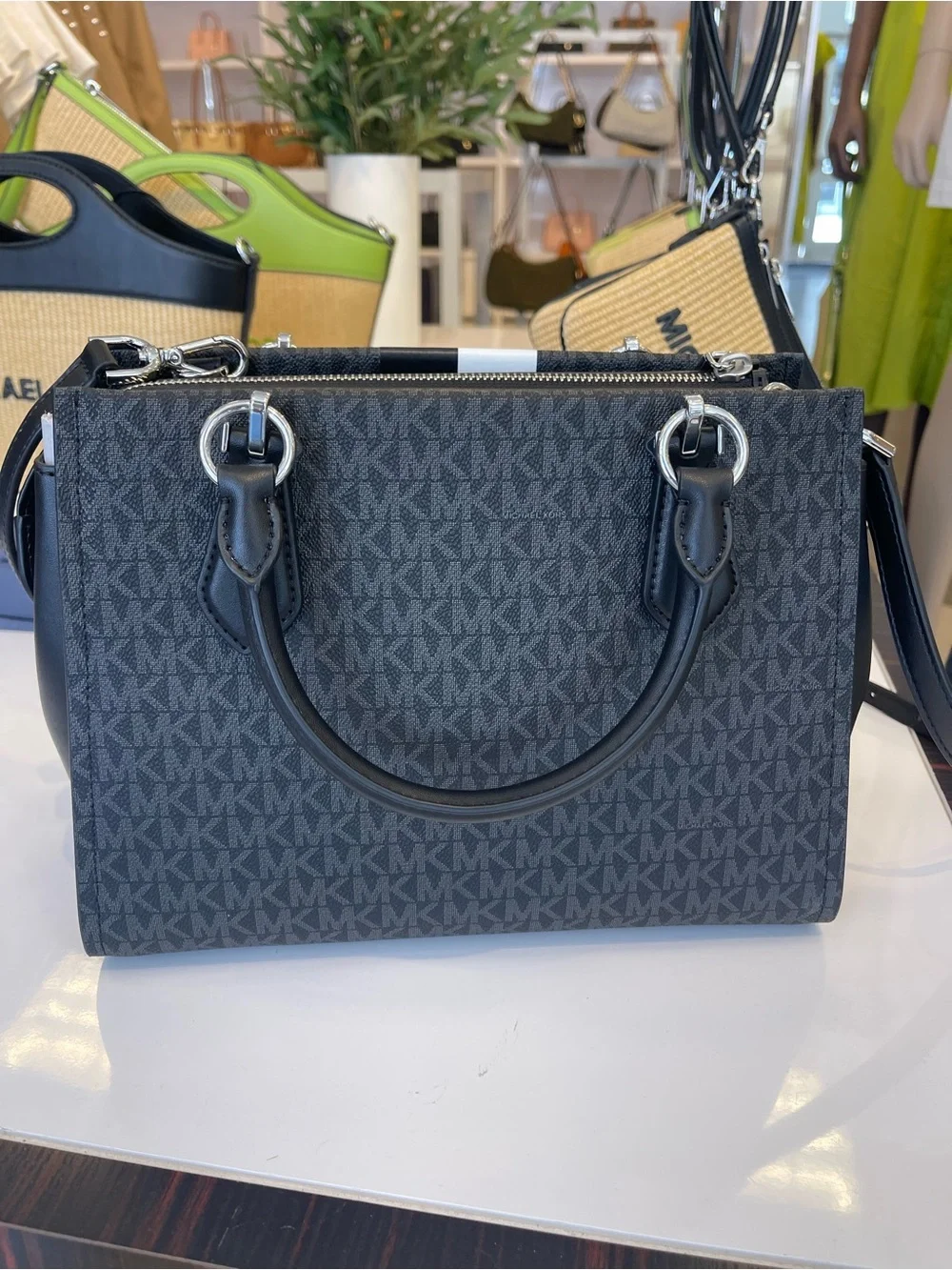 Michael Kors Marilyn Med Signature Logo Stripe Satchel Black / Optic White  NWT